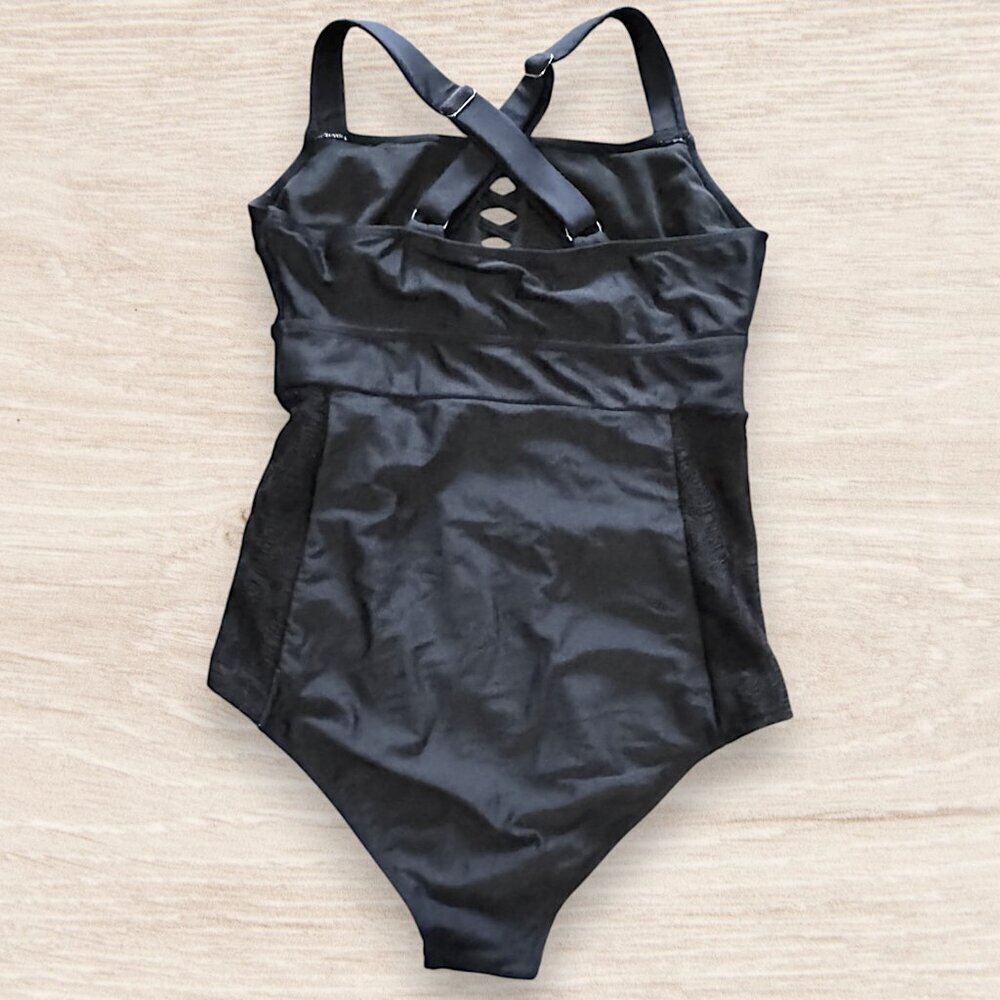 BloomChic Black Crisscross One Piece Swimsuit Ruched Tummy Control Womens 10 - Picture 4 of 14